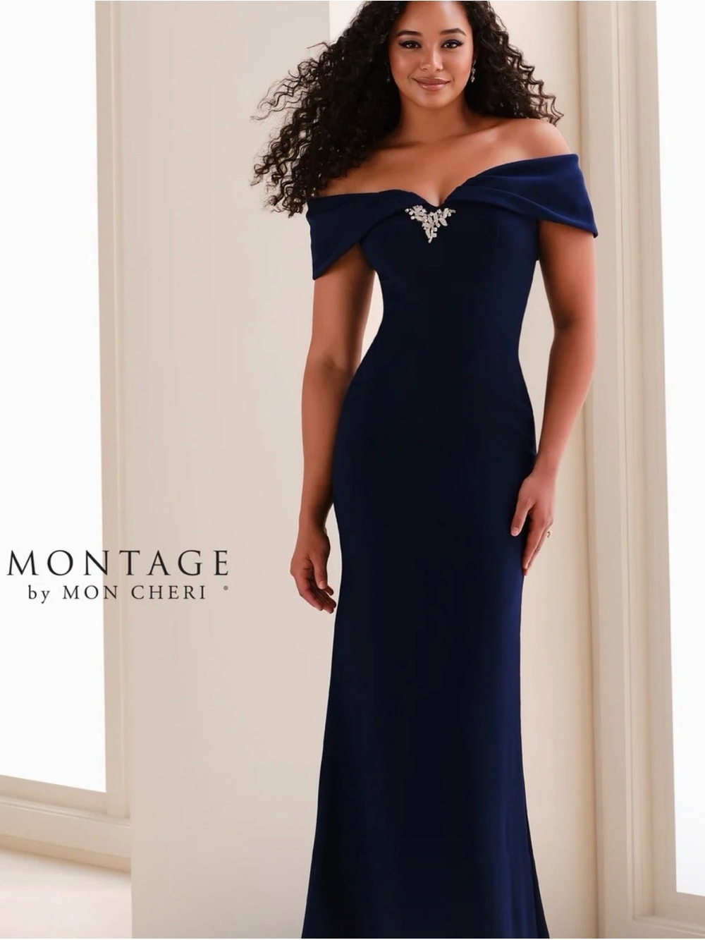 Montage by Mon Cheri Navy Off-Shoulder Evening Gown with Jewel Accent